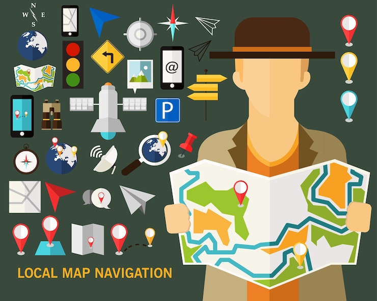 Vector fondo de concepto de navegación de mapa local. iconos planos
