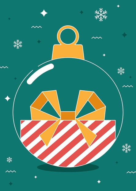 Fondo de concepto de navidad decorativo con caja de regalo dentro de estilo de diseño plano de bola transparente. el elemento de diseño se puede utilizar para tarjetas de felicitación, postales, telón de fondo, folletos, impresiones, ilustración vectorial