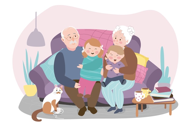 Vector fondo de concepto de retrato de familia feliz abuelos y nietos sentados en el sofá