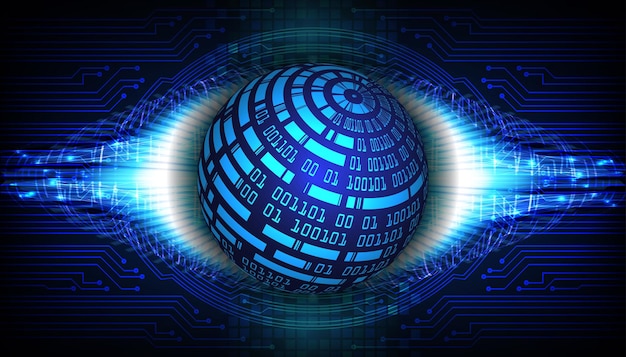 Fondo de concepto de seguridad cibernética de hud azul de tecnología futura de placa de circuito binario de HUD mundial