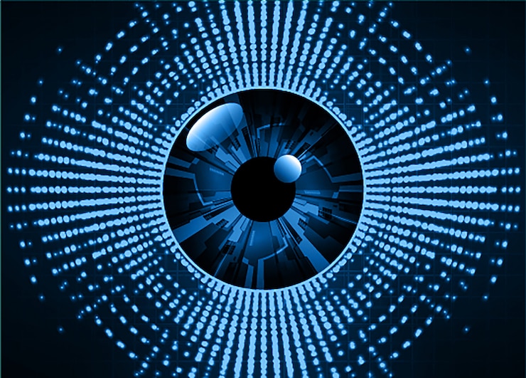Vector fondo de concepto de tecnología futura de circuito azul cyber eye
