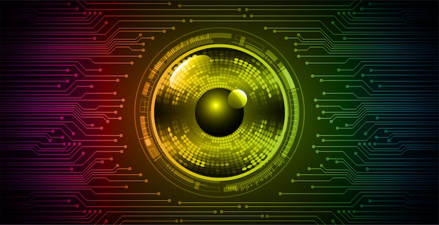 Fondo de concepto de tecnología futura de circuito cibernético de ojo amarillo rosa azul