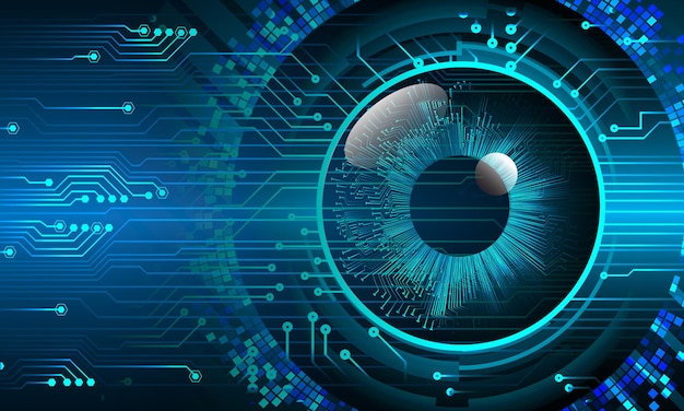 Fondo de concepto de tecnología futura de circuito cibernético de ojo azul