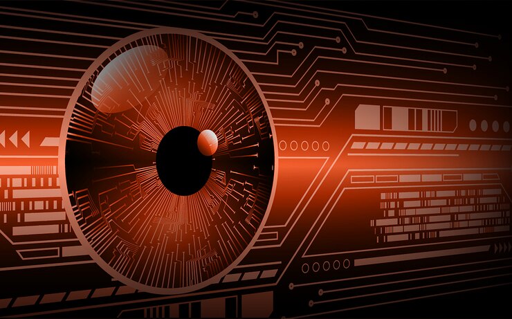 Vector fondo de concepto de tecnología futura de circuito cibernético de ojo naranja