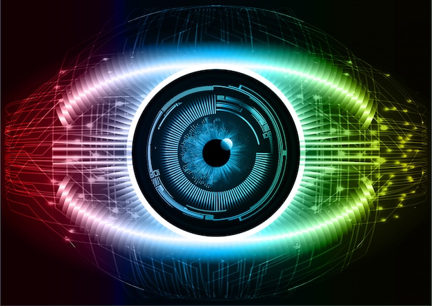 Fondo de concepto de tecnología futura del circuito cibernético de ojos rojos azules