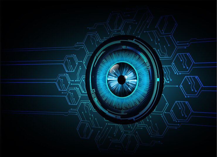 Vector fondo de concepto de tecnología futura de circuito ojo azul cyber