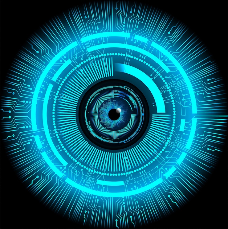 Vector fondo del concepto de tecnología futura cyber de bola azul del ojo