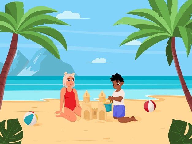 Fondo de concepto de vacaciones de verano Hermoso paisaje de playa de verano con palmeras de mar