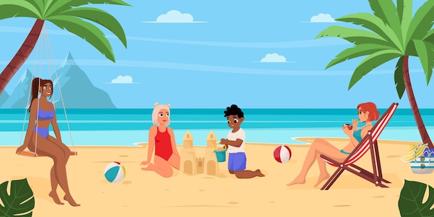 Fondo de concepto de vacaciones de verano Hermoso paisaje de playa de verano con palmeras marinas castillo de arena