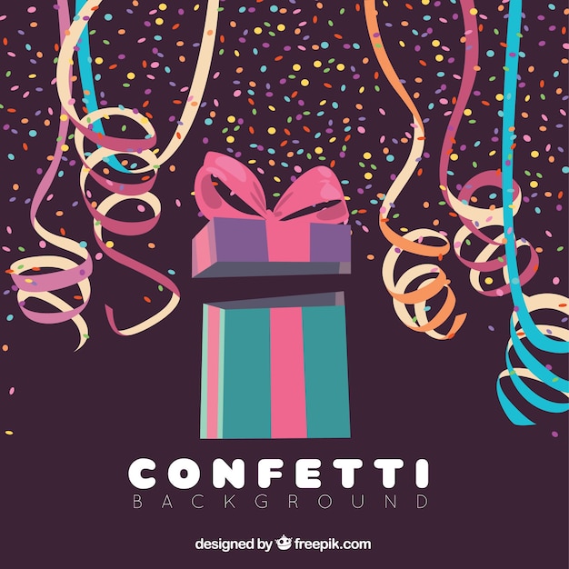 Fondo de confetti colorido con regalo en estilo plano