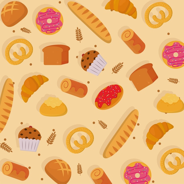 Fondo de conjunto de iconos de panadería y alimentos dulces