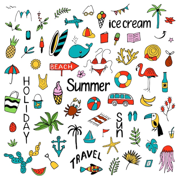 Fondo con conjunto de verano de imágenes coloridas lindas aisladas en estilo doodle y letras vector