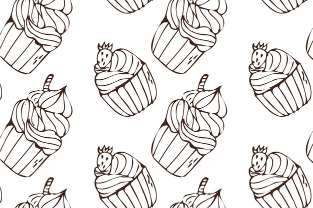 Fondo de contorno de pastel dibujado a mano con ilustración vectorial de fresa y galleta aislada