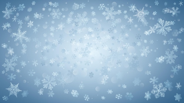 Vector fondo de copos de nieve blancos cayendo sobre fondo azul claro