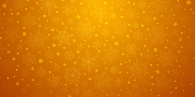 Fondo de copos de nieve de Navidad grandes y pequeños complejos en colores naranja Ilustración de invierno con nieve que cae