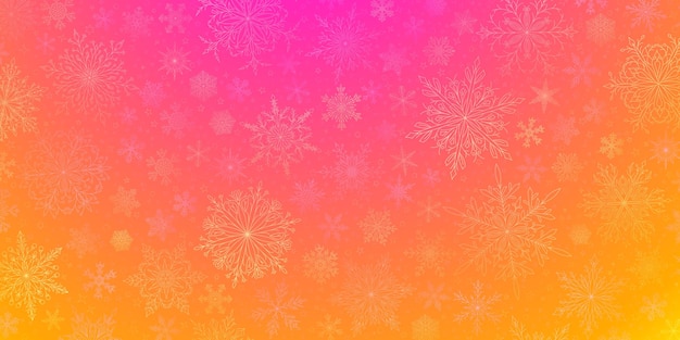 Vector fondo de copos de nieve de navidad grandes y pequeños complejos en colores naranja y púrpura ilustración de invierno con nieve que cae