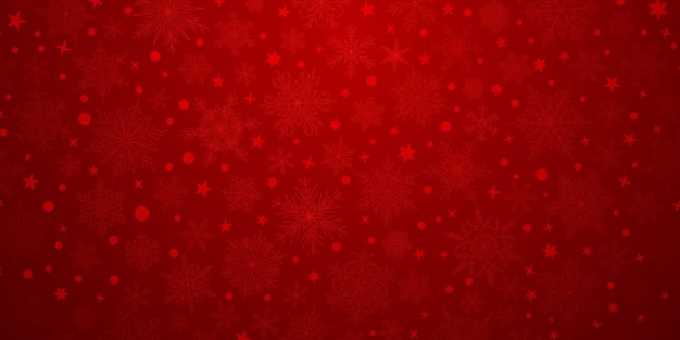 Fondo de copos de nieve de Navidad grandes y pequeños complejos en colores rojos Ilustración de invierno con nieve que cae