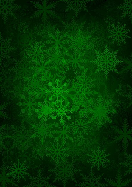 Vector fondo de copos de nieve verde sobre fondo verde oscuro