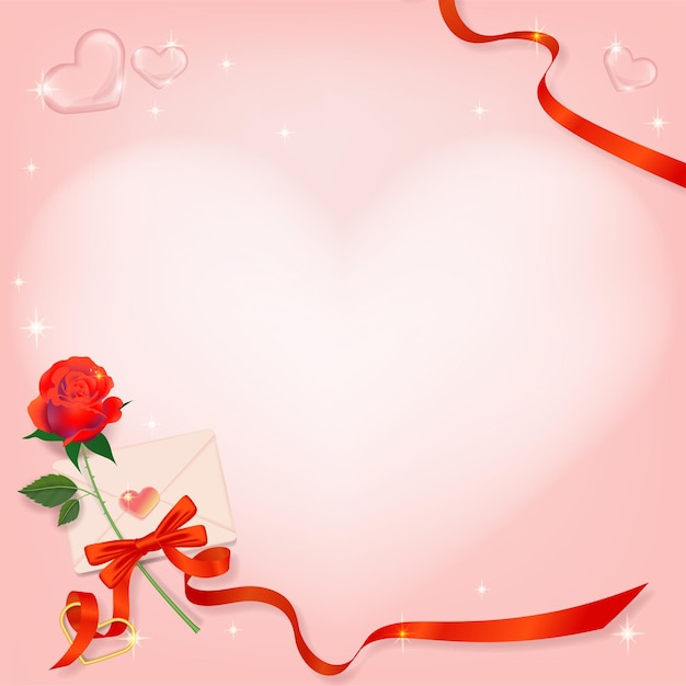 Fondo de corazón de amor rosa con flor de rosa, carta de amor y cinta para el día de san valentín, mujeres y mo