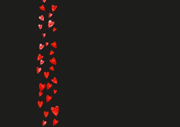 Fondo de corazón de grunge para el día de San Valentín con brillo rojo. Día 14 de febrero. Confeti de vector para el fondo del corazón del grunge. Textura dibujada a mano. Tema de amor para invitación a fiesta, oferta minorista y anuncio.