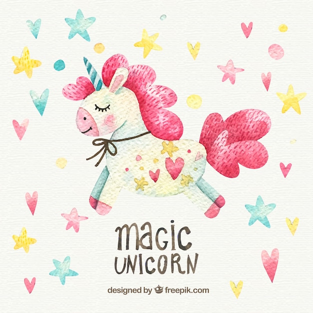 Fondo de corazones y estrellas con bonito unicornio de acuarela