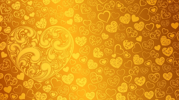 Fondo de corazones grandes y pequeños con remolinos en colores dorados