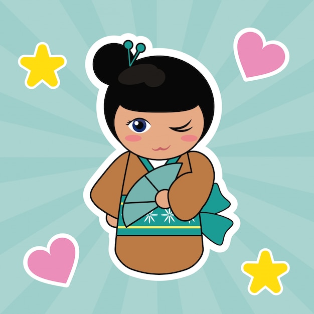 Vector fondo de corazones lindo muñeca kokeshi