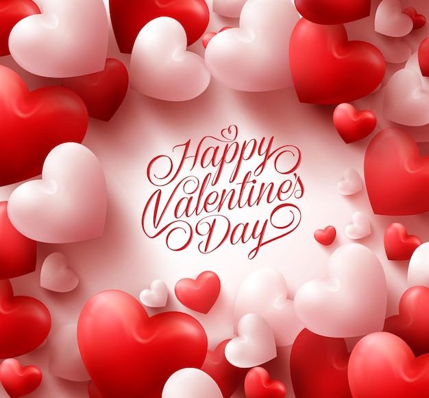 Fondo de corazones rojos realistas en 3D con dulces saludos felices del día de San Valentín