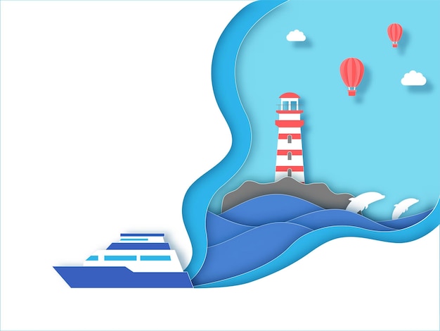Fondo de corte de capa de papel azul y blanco con faro Globos de aire caliente Peces Nubes Cocina Barco Ilustración