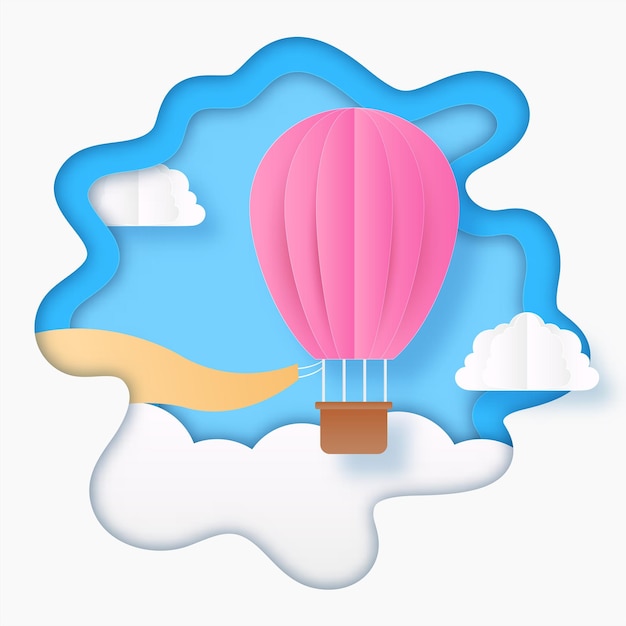 Fondo de corte de capa de papel azul y blanco con nubes de bandera en blanco de globo de aire caliente