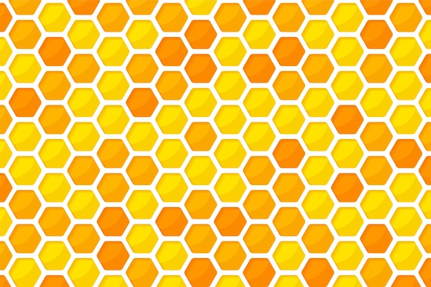 Fondo de corte de papel de panal amarillo dorado hexagonal con miel dulce en el interior.