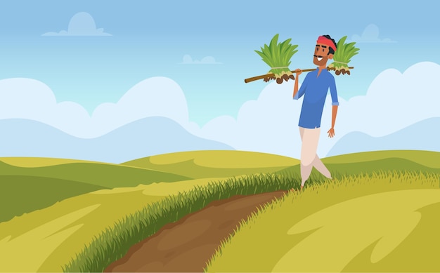 Vector fondo de cosecha indio agricultor rural que trabaja en el campo naturaleza gente agricultura plantilla coloreada ilustración vectorial exacta