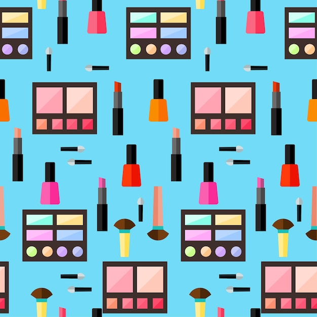 Fondo cosmético de patrones sin fisuras. Estilo plano de moda. Productos brillantes aislados en una elegante cubierta azul para usar en diseño