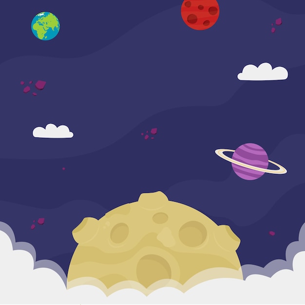Fondo cósmico con nubes planetas en estilo de dibujos animados