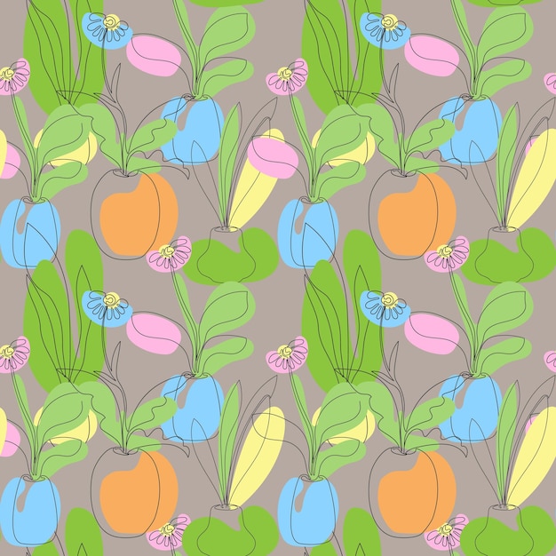 Fondo sin costuras botánico con flores ramas y hojas de plantas dibujadas en una línea