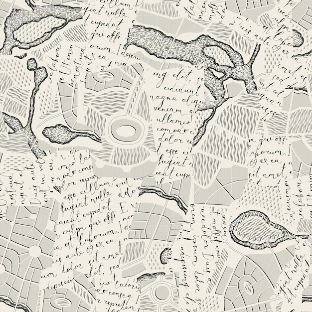 Fondo sin costuras con collage de letras y mapas