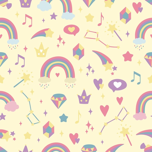 Fondo sin costuras con corazones arco iris estrellas diamantes coronas fondo creativo para la guardería perfecto para niños diseño de tela embalaje papel tapiz ropa textil