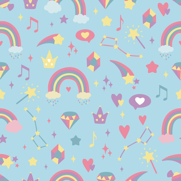 Fondo sin costuras con corazones arco iris estrellas diamantes coronas fondo creativo para la guardería perfecto para niños diseño de tela embalaje papel tapiz ropa textil