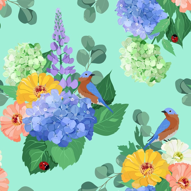Fondo sin costuras con crisantemo de hortensia lupina y aves