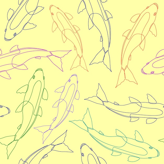 Fondo sin costuras con dibujo estilizado lineal de peces Koi Vector peces de contorno colorido