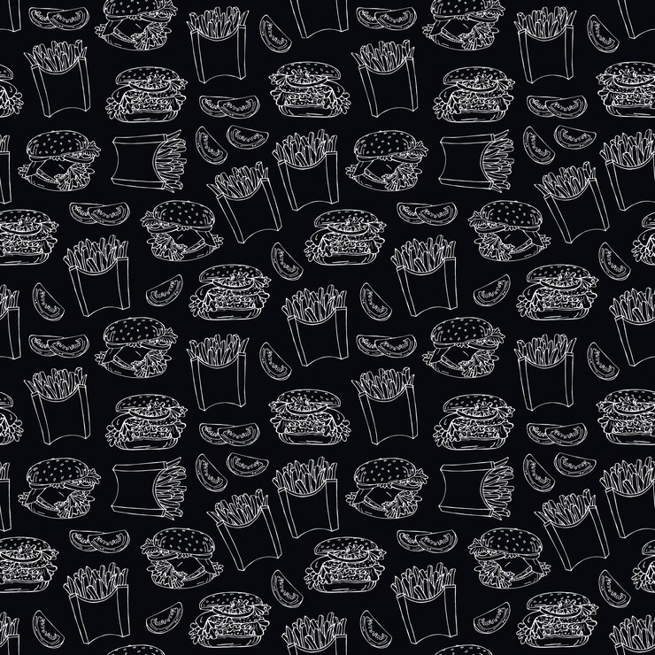 Vector fondo sin costuras con dibujos de comida rápida de papas fritas, tomates y hamburguesas