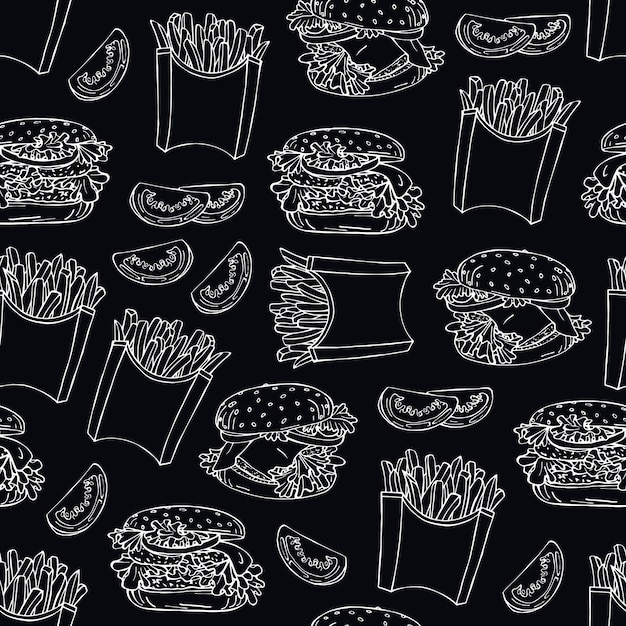Fondo sin costuras con dibujos de comida rápida de papas fritas, tomates y hamburguesas