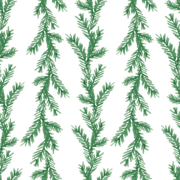 Fondo sin costuras de dibujos a mano de acuarela ramas de árboles de Navidad verdes en filas