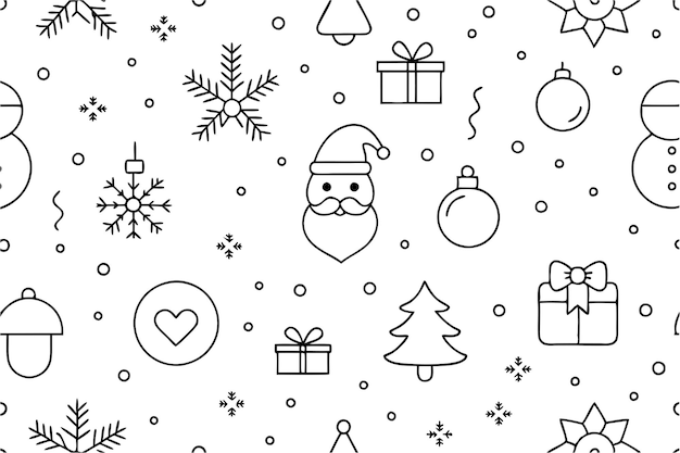 Fondo sin costuras con diseños navideños estilo de arte de línea sobre fondo blanco