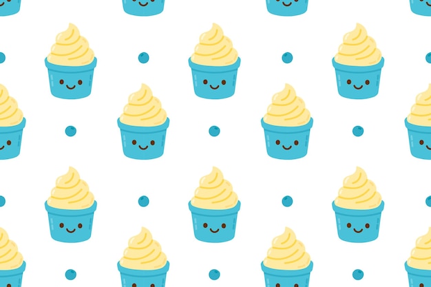 Fondo sin costuras con dulce helado azul con expresiones felices y glaseado amarillo en blanco