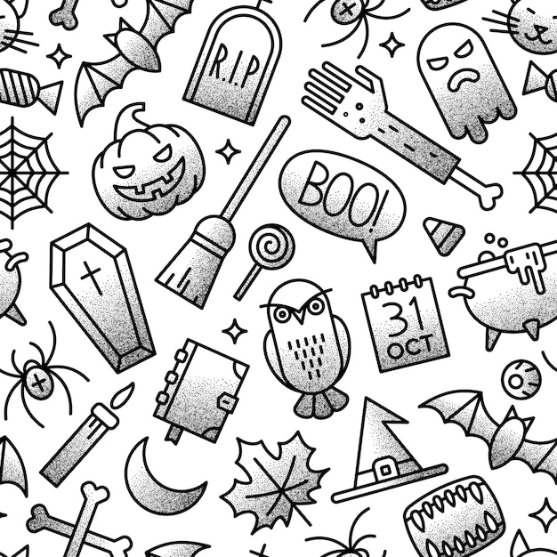 Fondo sin costuras de Halloween Signo y símbolo de contorno de Halloween con textura granulada punteada
