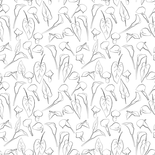 Vector fondo sin costuras con hojas flores dibujo de línea calla lirios