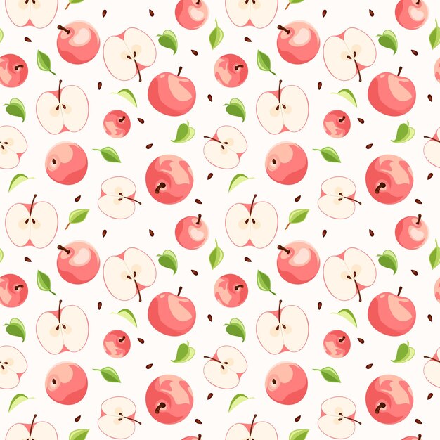 Vector fondo sin costuras con hojas y semillas de manzanas rosadas