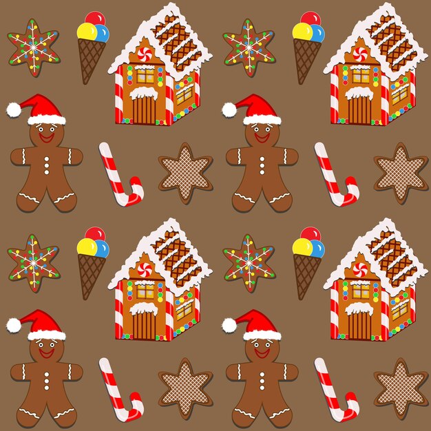 Fondo sin costuras de Navidad y Año Nuevo Conjunto de pan de jengibre Feriados de invierno Ilustración vectorial