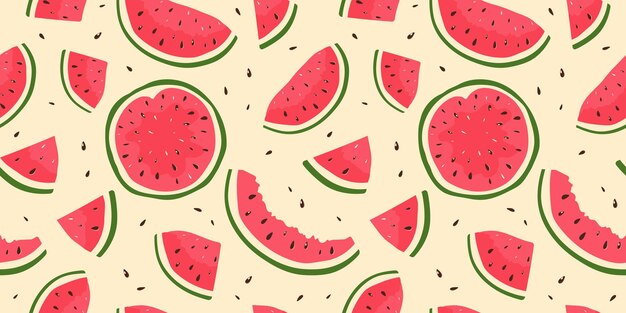 Fondo sin costuras con sandías plano dibujo colorido de sandías en rodajas Vector